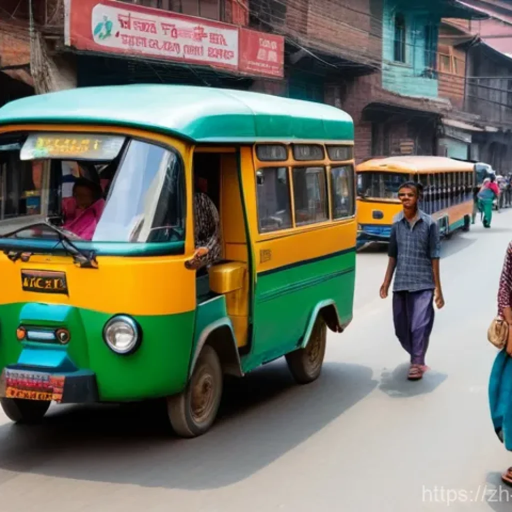 네팔의 대중교통 이용 가이드 - **Prompt:** A bustling street scene in Kathmandu, Nepal, during the daytime. In the foreground, a vi...