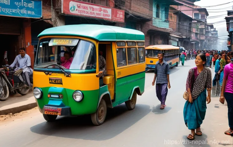 네팔의 대중교통 이용 가이드 - **Prompt:** A bustling street scene in Kathmandu, Nepal, during the daytime. In the foreground, a vi...
