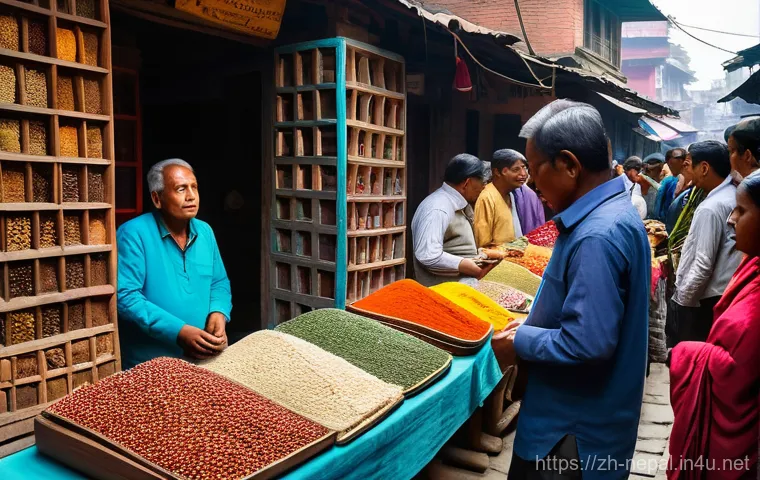 네팔에서의 기념품 추천 리스트 - Prompt 1: Bustling Thamel Market Scene**