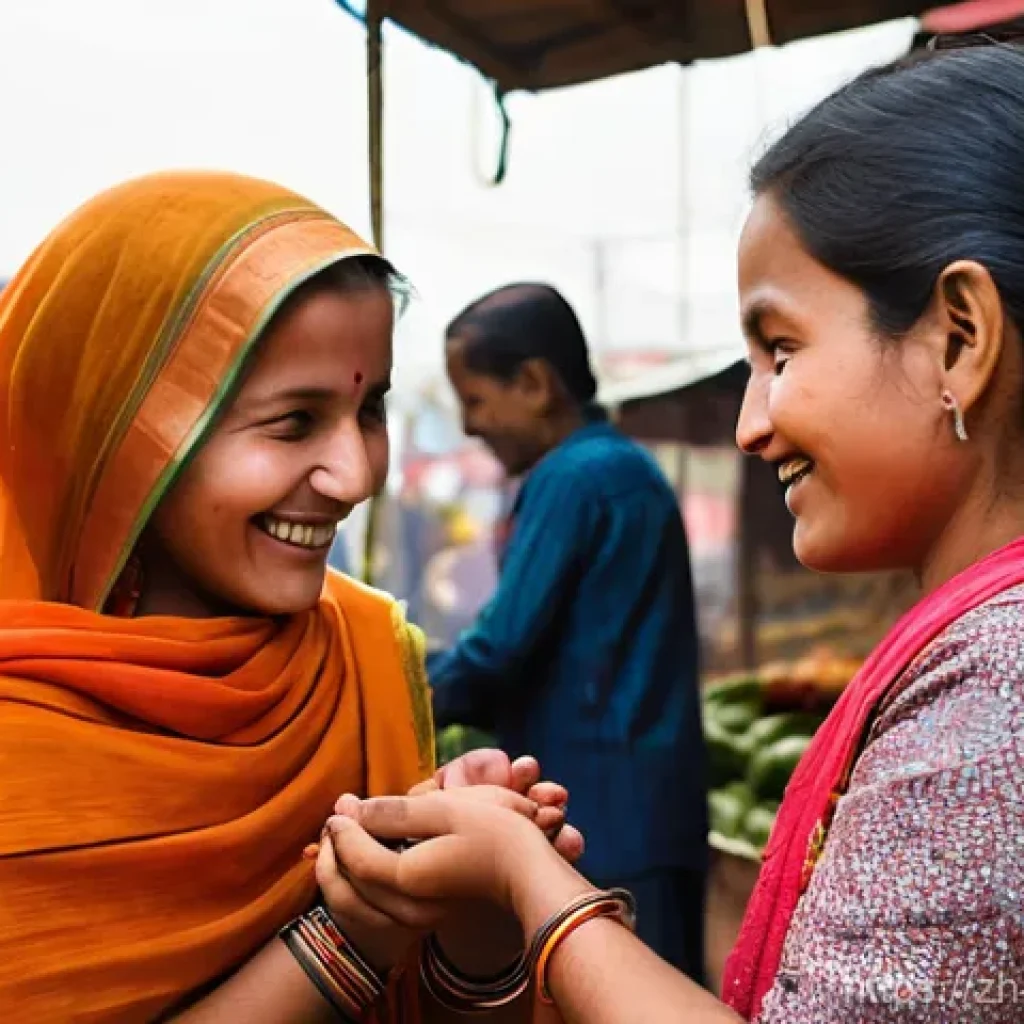 네팔 여행 중 유용한 네팔어 회화 - **Prompt:** A heartwarming scene capturing a moment of genuine connection in a bustling Nepalese mar...