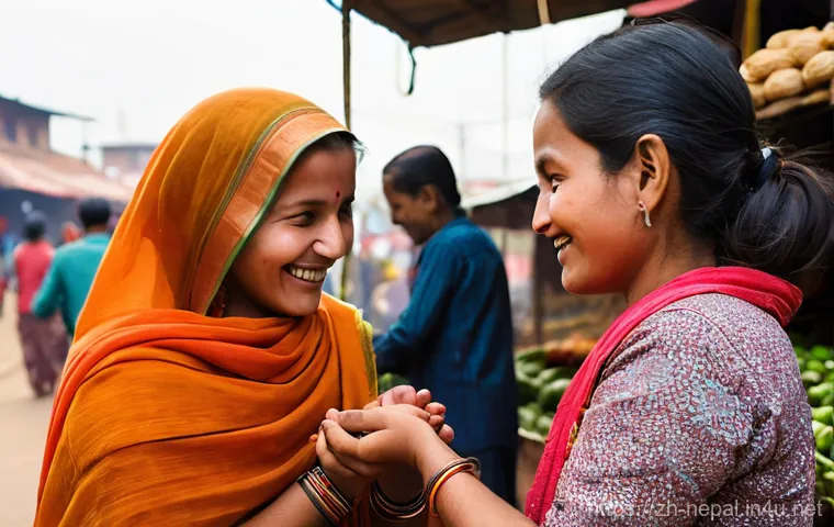 네팔 여행 중 유용한 네팔어 회화 - **Prompt:** A heartwarming scene capturing a moment of genuine connection in a bustling Nepalese mar...