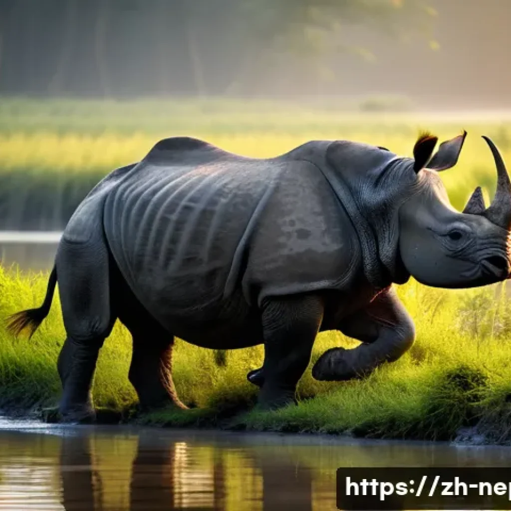 네팔의 주요 국립공원 탐방 - **Prompt:** A majestic, adult one-horned rhinoceros stands calmly at the edge of a serene river in C...