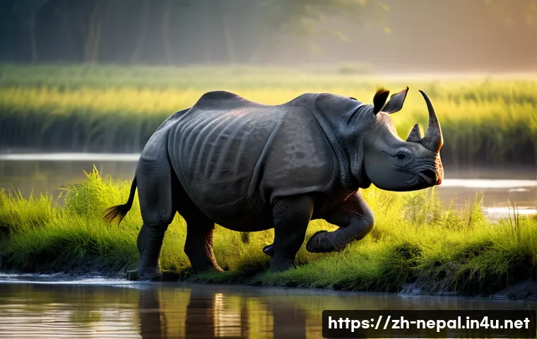네팔의 주요 국립공원 탐방 - **Prompt:** A majestic, adult one-horned rhinoceros stands calmly at the edge of a serene river in C...