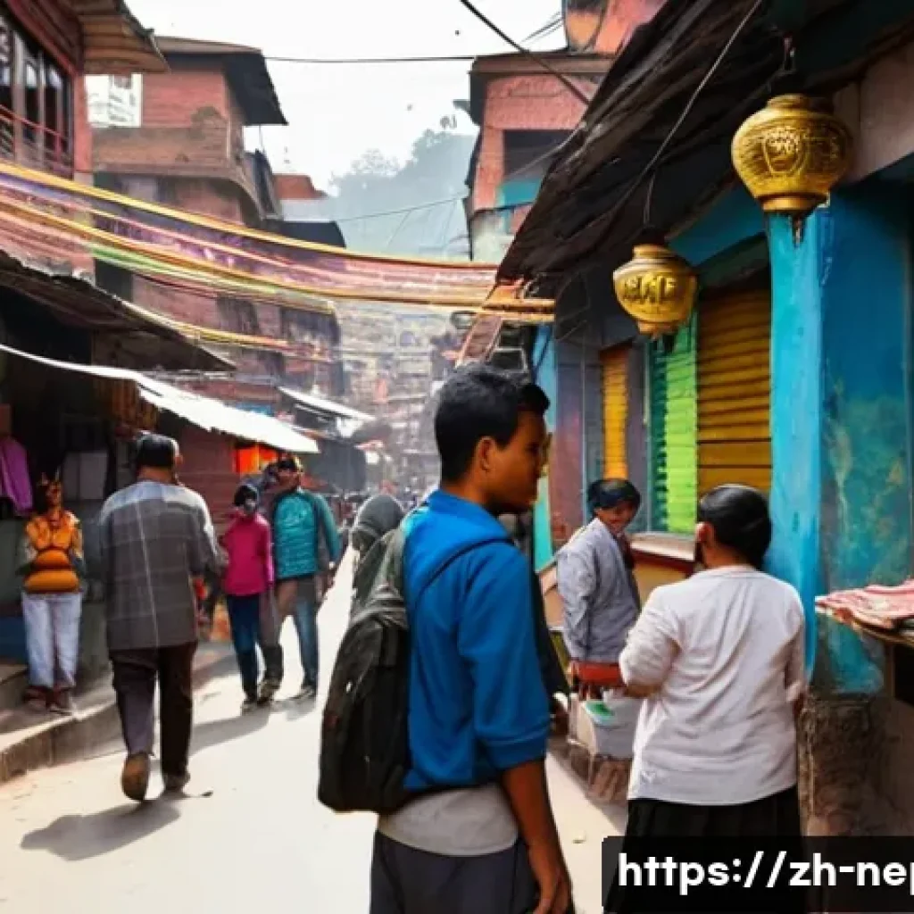 네팔에서의 환전 요령 - **Prompt:** A vibrant, bustling street scene in the Thamel district of Kathmandu, Nepal, during dayl...