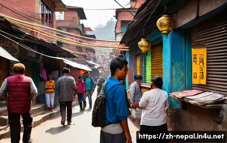 네팔에서의 환전 요령 - **Prompt:** A vibrant, bustling street scene in the Thamel district of Kathmandu, Nepal, during dayl...