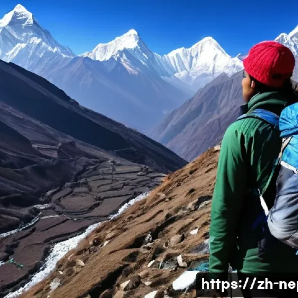 네팔의 현지 가이드 고용 팁 - **Prompt:** A foreign hiker, male or female, wearing appropriate layered trekking gear, a warm hat, ...