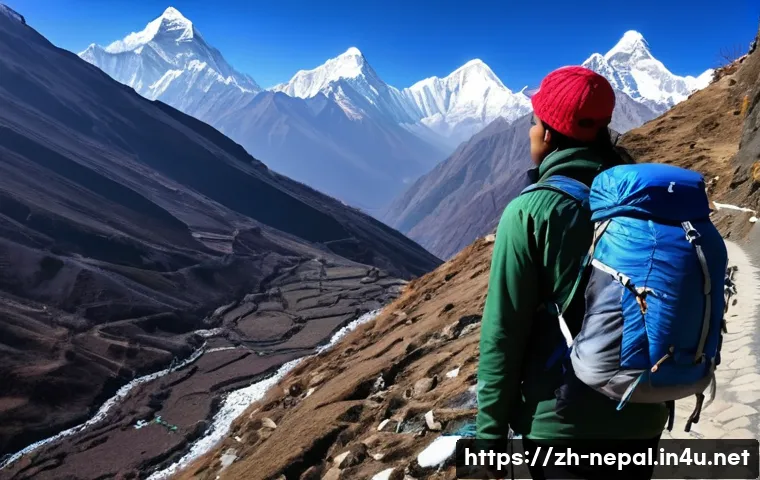 네팔의 현지 가이드 고용 팁 - **Prompt:** A foreign hiker, male or female, wearing appropriate layered trekking gear, a warm hat, ...