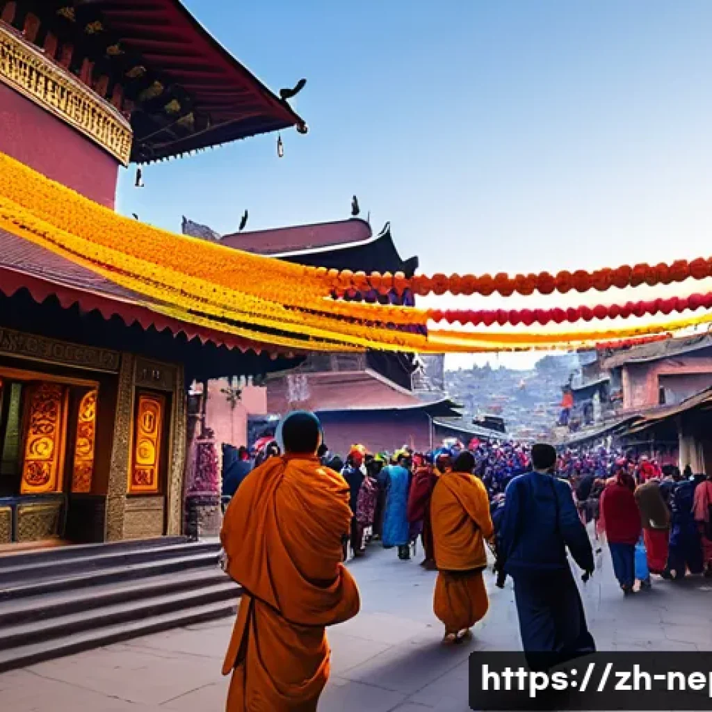 네팔과 티베트 문화 비교 - A vibrant street scene in Kathmandu during the Tihar festival, showing colorful decorations, glowing...