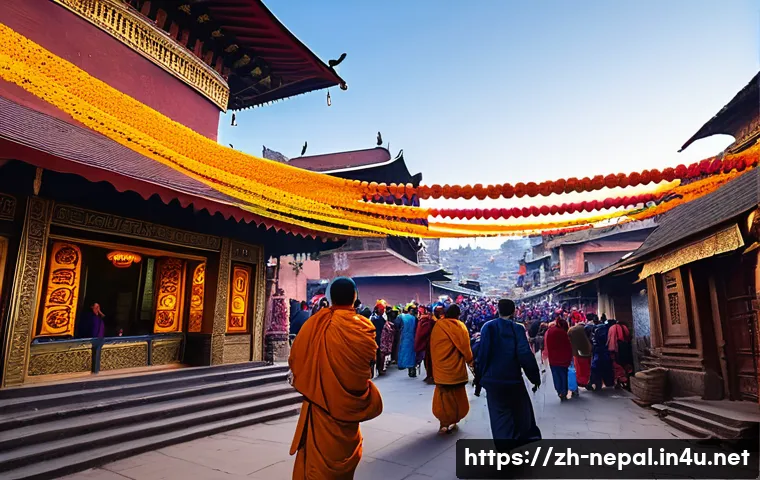 네팔과 티베트 문화 비교 - A vibrant street scene in Kathmandu during the Tihar festival, showing colorful decorations, glowing...
