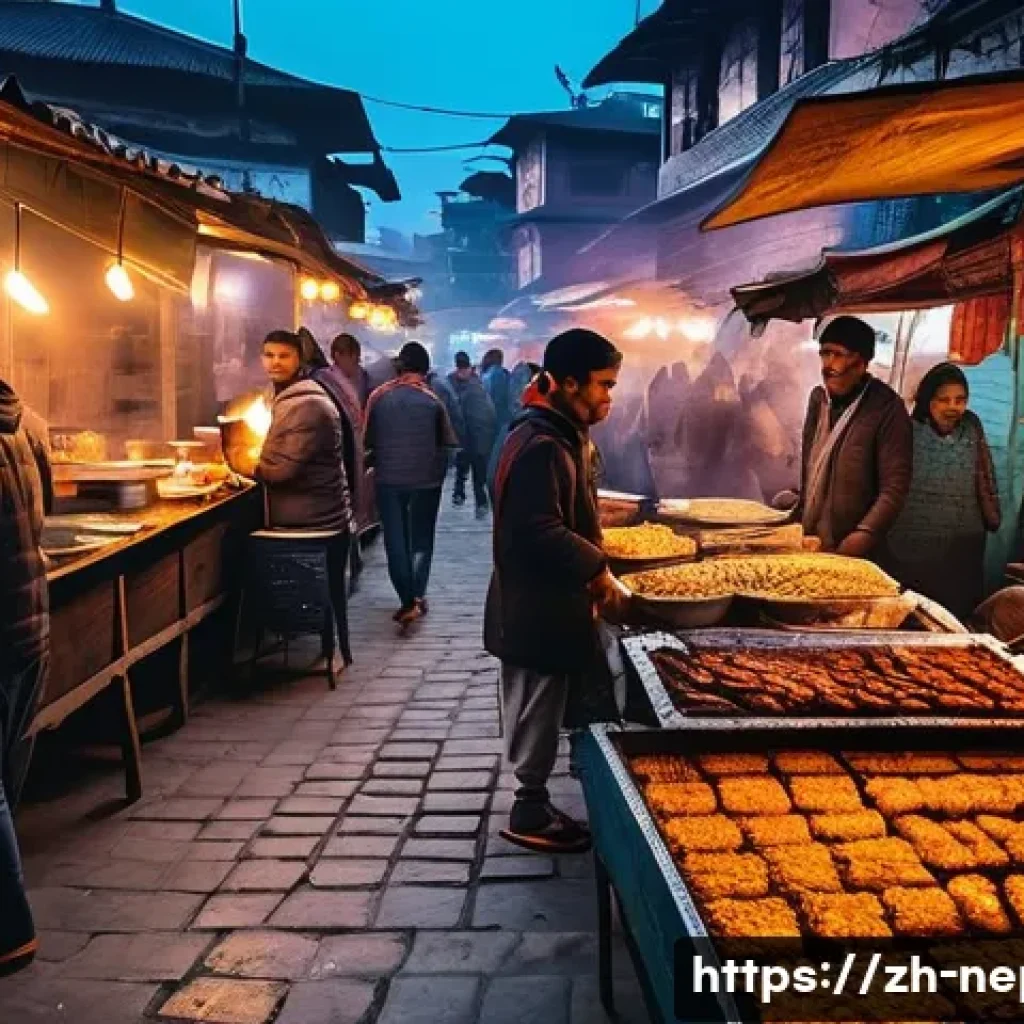 네팔 전통 요리와 맛집 - A vibrant street food market scene in Kathmandu at dusk, showcasing colorful stalls with sizzling Se...