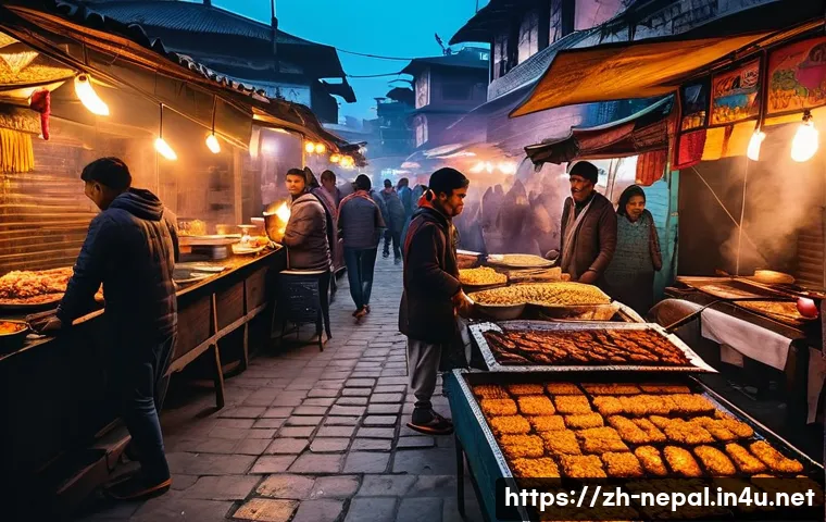 네팔 전통 요리와 맛집 - A vibrant street food market scene in Kathmandu at dusk, showcasing colorful stalls with sizzling Se...