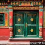 네팔과 티베트 전통 건축 비교 - A detailed traditional Nepalese building scene showcasing intricate wooden carvings on window frames...