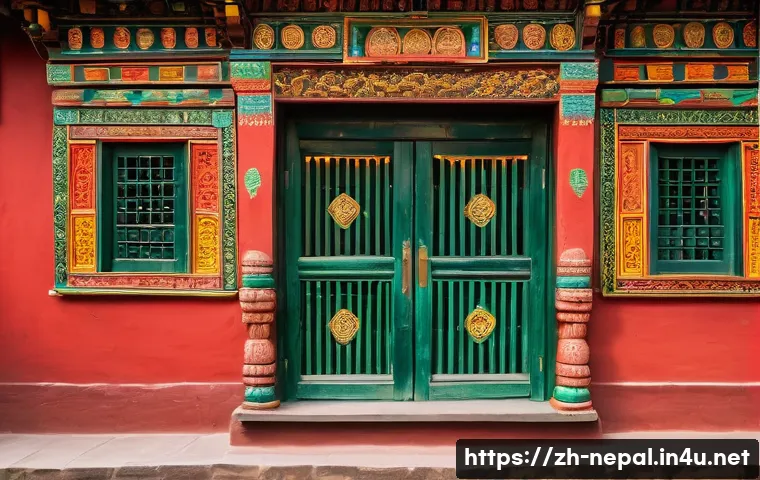 네팔과 티베트 전통 건축 비교 - A detailed traditional Nepalese building scene showcasing intricate wooden carvings on window frames...