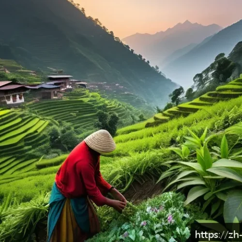 네팔의 특산물과 그 유래 - A serene Himalayan mountain valley at sunrise, with local Nepalese villagers carefully hand-picking ...