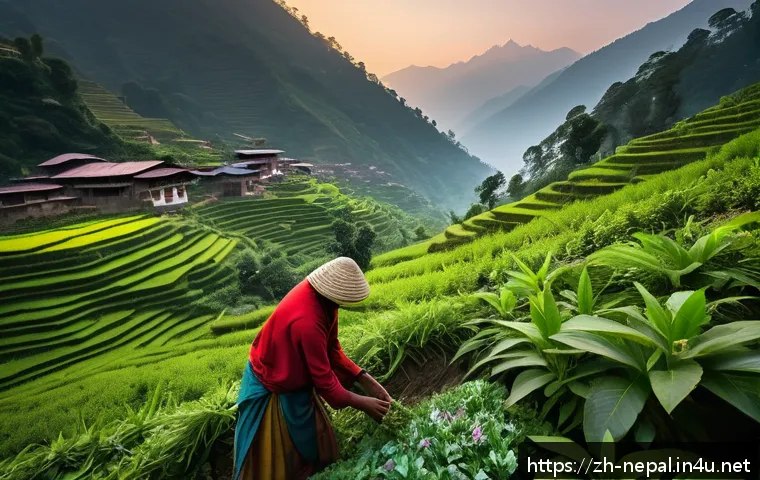 네팔의 특산물과 그 유래 - A serene Himalayan mountain valley at sunrise, with local Nepalese villagers carefully hand-picking ...