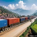 네팔과 주변국과의 무역 관계 - A bustling modern trade corridor at the Nepal-India border featuring upgraded highways and railway n...