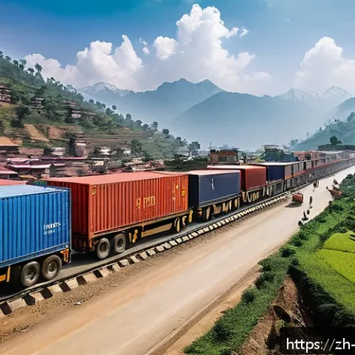 네팔과 주변국과의 무역 관계 - A bustling modern trade corridor at the Nepal-India border featuring upgraded highways and railway n...