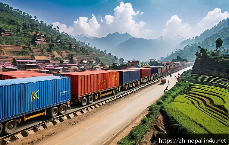 네팔과 주변국과의 무역 관계 - A bustling modern trade corridor at the Nepal-India border featuring upgraded highways and railway n...