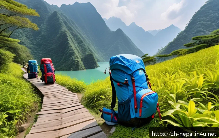 포카라 트레킹 가이드 - A diverse group of hikers on a scenic loop trail at 宝藏宝地宝卡拉, featuring lush green forests, clear blu...