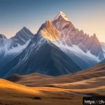 네팔에서의 고산 촬영 기술 - A breathtaking high-altitude mountain landscape during golden hour, featuring soft warm sunlight ill...