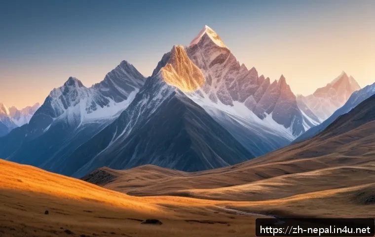 네팔에서의 고산 촬영 기술 - A breathtaking high-altitude mountain landscape during golden hour, featuring soft warm sunlight ill...