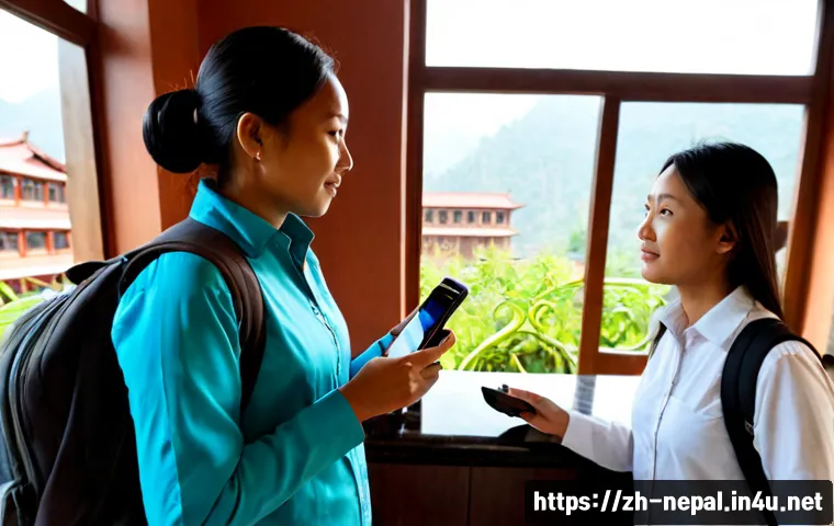 네팔에서의 여성 여행자 안전 팁 - Photorealistic solo woman traveler in modest outdoor clothing standing at a secure hotel reception i...